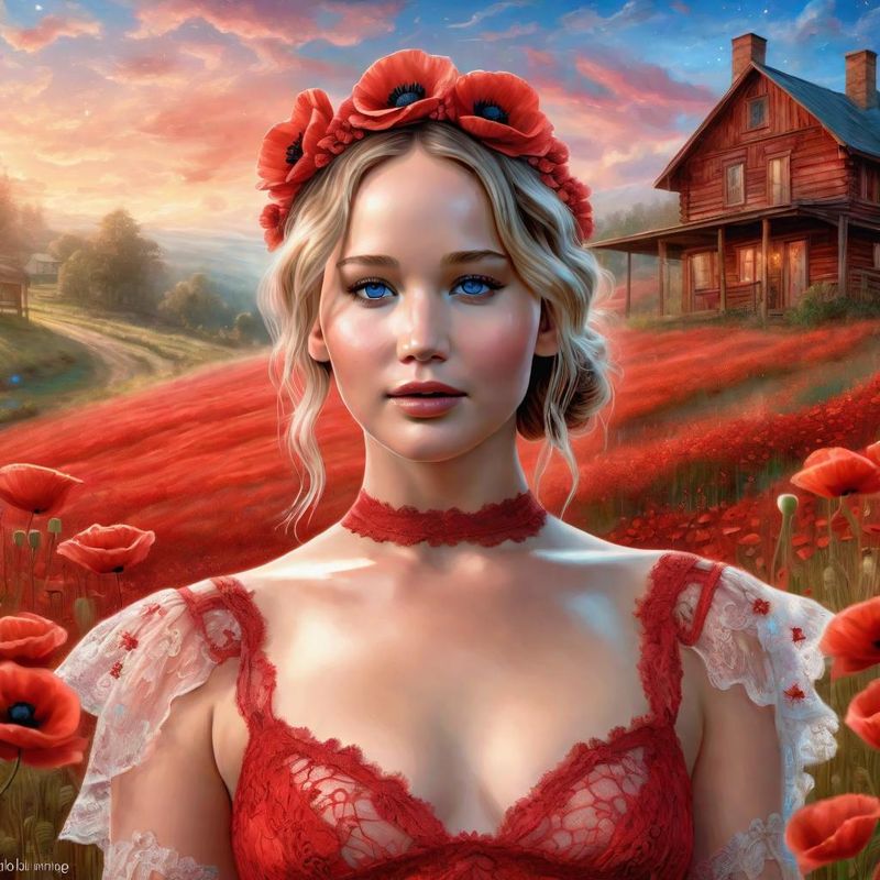 Jennifer Lawrence in a Red lace sensual dress in a poppy field 1.jpg