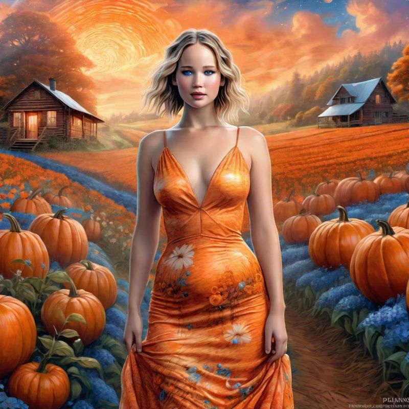 Jennifer Lawrence in a Orange printed sensual dress in a Pumpkin field 4.jpg
