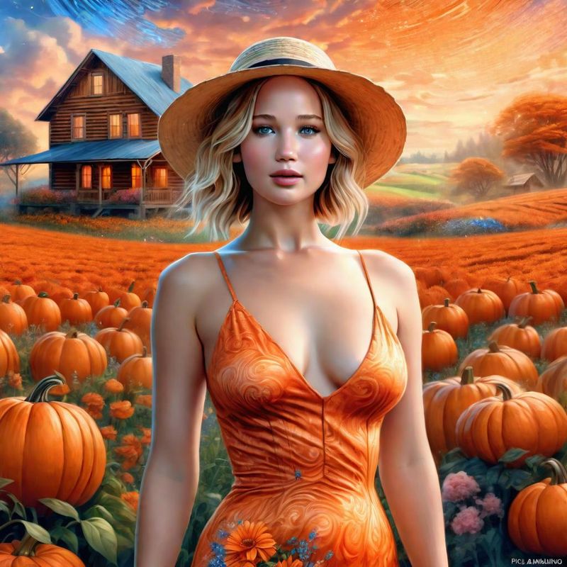 Jennifer Lawrence in a Orange printed sensual dress in a Pumpkin field 3.jpg
