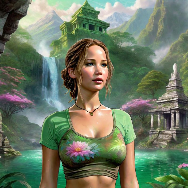 Jennifer Lawrence as Tombraider in the Jungle by an Old Temple 2.jpg