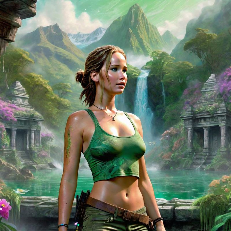 Jennifer Lawrence as Tombraider in the Jungle by an Old Temple 1.jpg