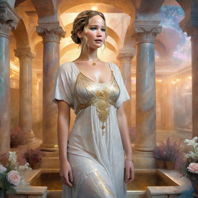Jennifer Lawrence in tunic in a Roman Bathhouse 1.jpg