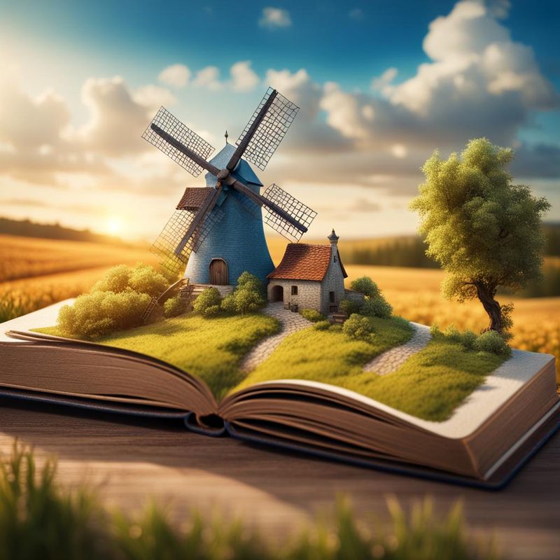 Beautiful Miniature a windmill in a medieval landscape coming out of an open fantasy book 3.jpg