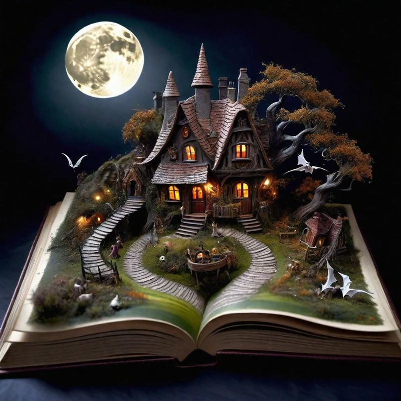 Beautiful Miniature a Spooky house coming out of an open fantasy book 1.jpg