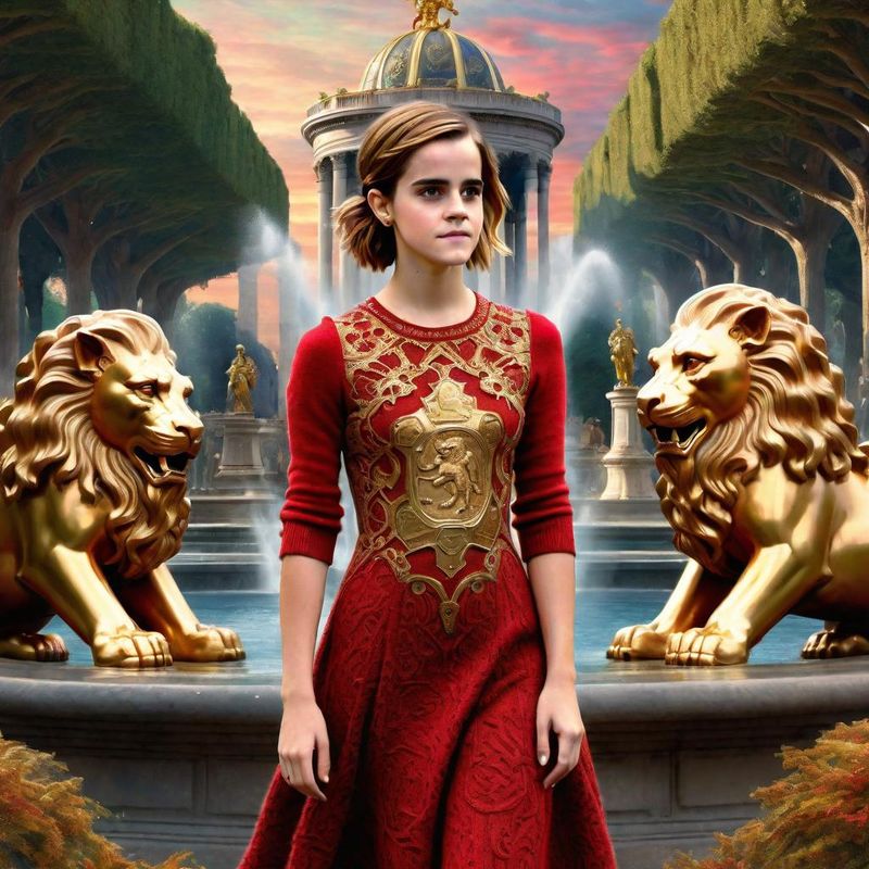 Emma Watson in a Wool dress with Byzantine Lions in a Byzantine Empire 5.jpg