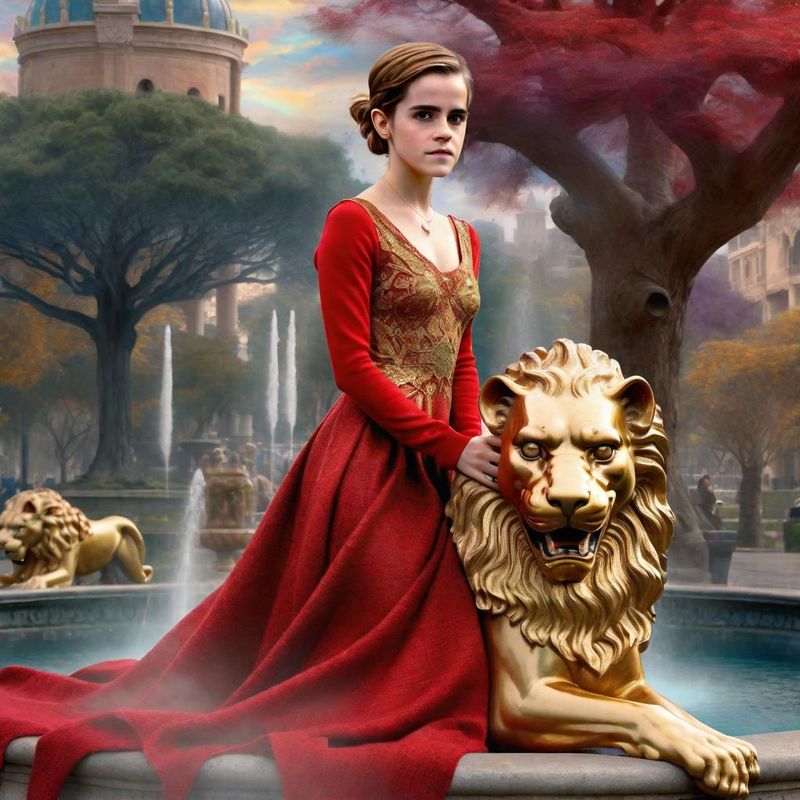 Emma Watson in a Wool dress with Byzantine Lions in a Byzantine Empire 4.jpg