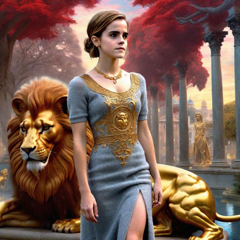 Emma Watson in a Wool dress with Byzantine Lions in a Byzantine Empire 3.jpg