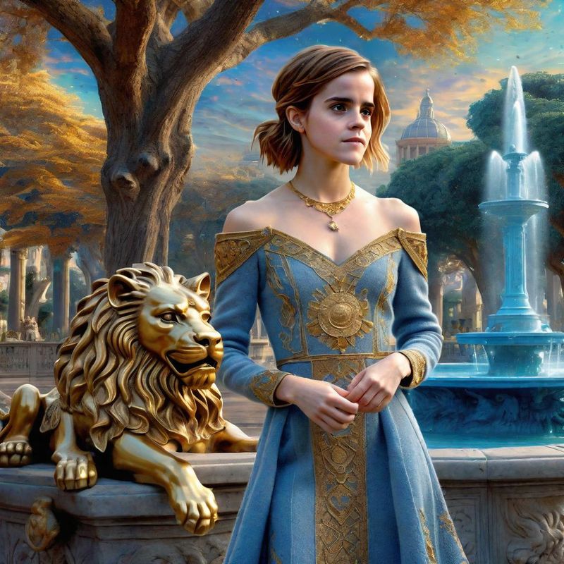 Emma Watson in a Wool dress with Byzantine Lions in a Byzantine Empire 2.jpg