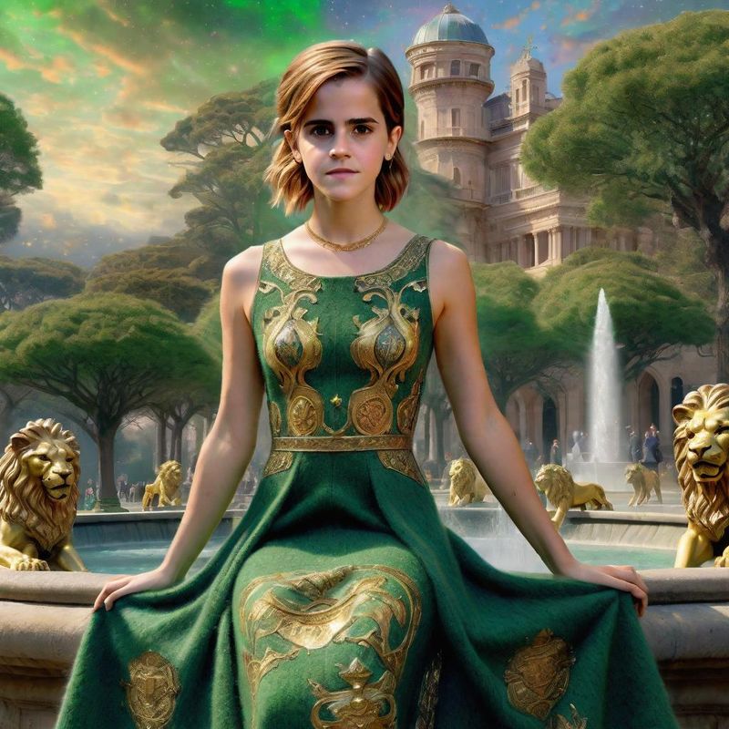Emma Watson in a Wool dress with Byzantine Lions in a Byzantine Empire 1.jpg