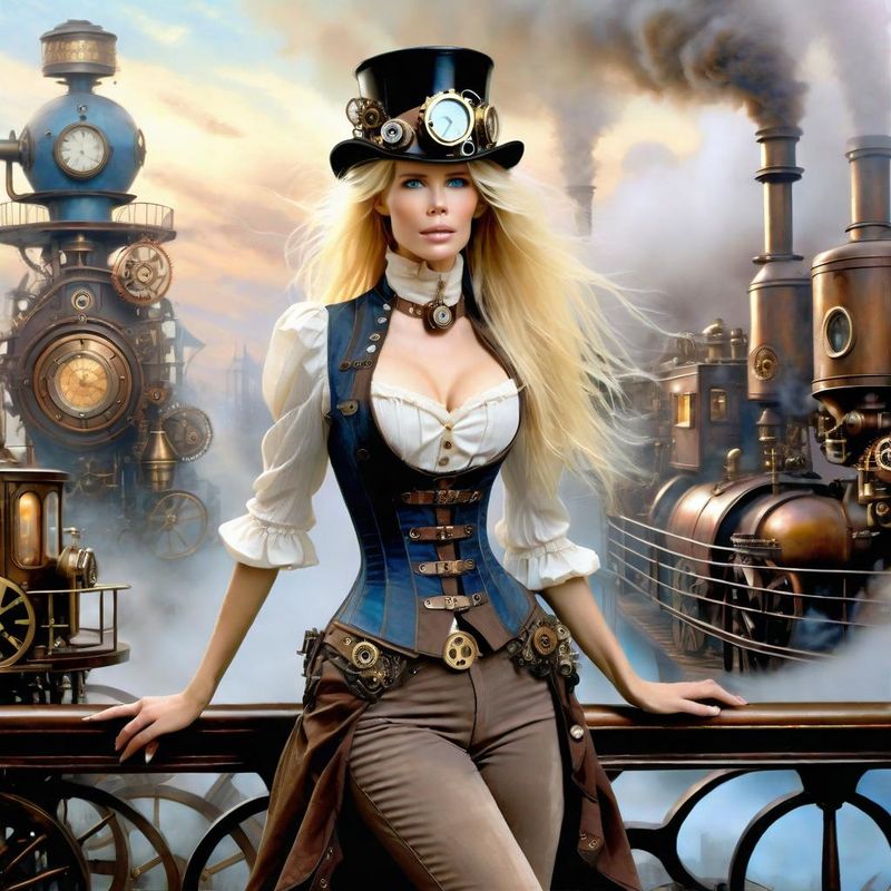 Claudia Schiffer in Steampunk clothes in a Steampunk world 9.jpg
