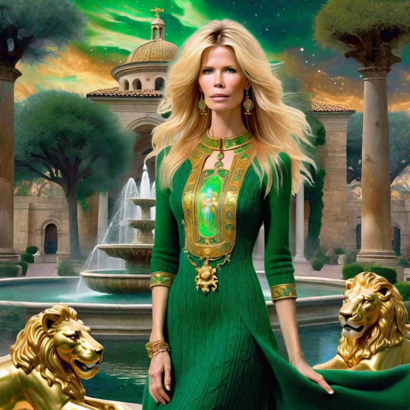 Claudia Schiffer in a Wool dress with Byzantine Lions in a Byzantine Empire 4.jpg