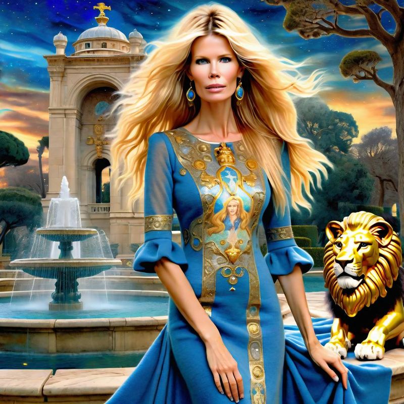 Claudia Schiffer in a Wool dress with Byzantine Lions in a Byzantine Empire 3.jpg