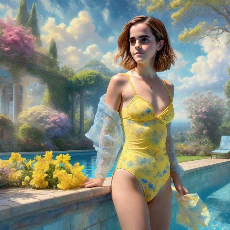 Emma Watson in Yellow Bikini by the pool of a Villa 4.jpg