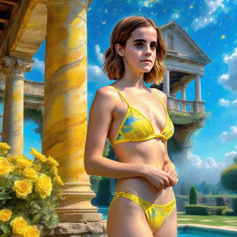 Emma Watson in Yellow Bikini by the pool of a Villa 2.jpg