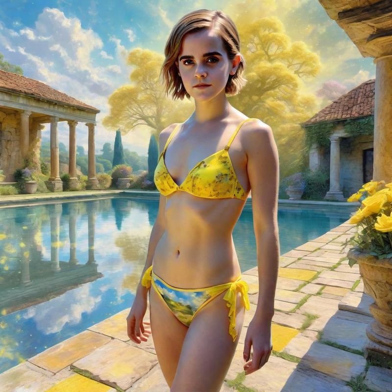 Emma Watson in Yellow Bikini by the pool of a Villa 1.jpg