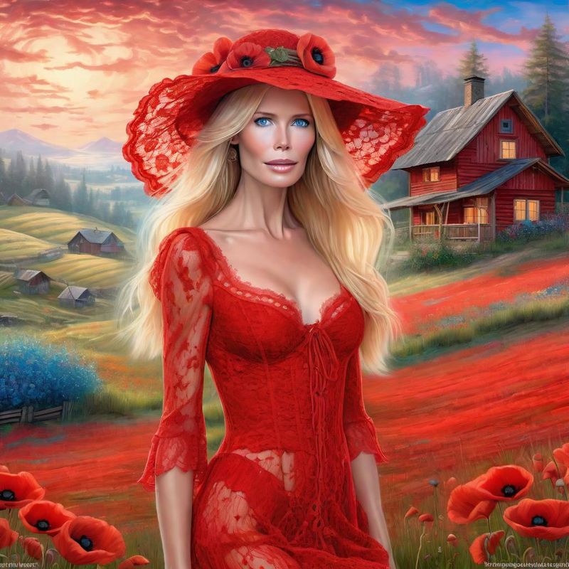Claudia Schiffer in a Red lace sensual dress in poppy field 2.jpg