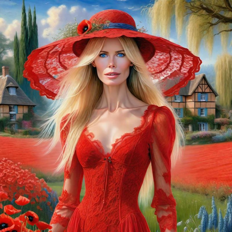 Claudia Schiffer in a Red lace sensual dress in poppy field 1.jpg