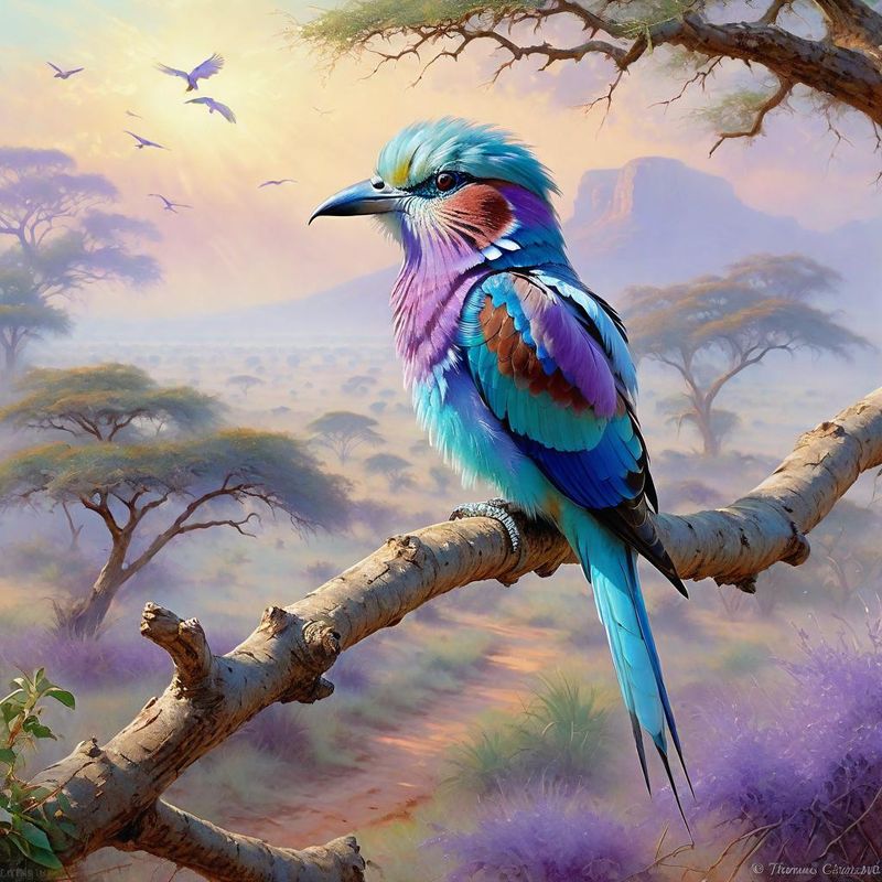 Lilac Breasted Roller on a wooden pole in the African savanna 1.jpg