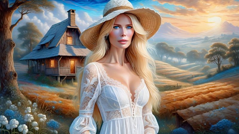 Claudia Schiffer in a White lace sensual dress on a Cotton field.jpg