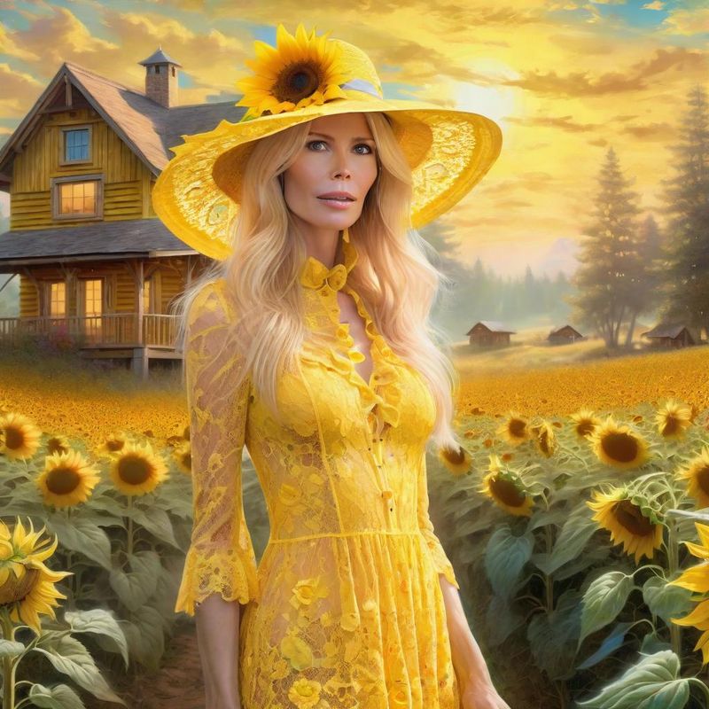 Claudia Schiffer in a Yellow sensual Lace dress in a Sunflower field 5.jpg
