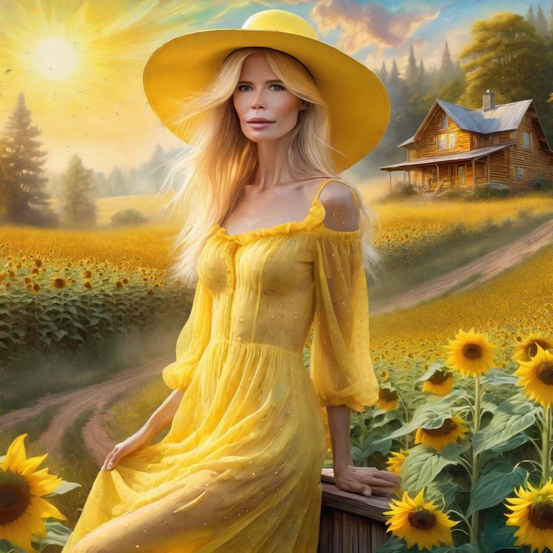 Claudia Schiffer in a Yellow sensual Lace dress in a Sunflower field 4.jpg