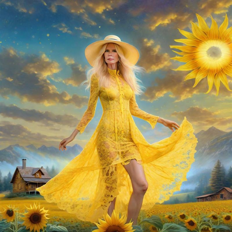 Claudia Schiffer in a Yellow sensual Lace dress in a Sunflower field 3.jpg