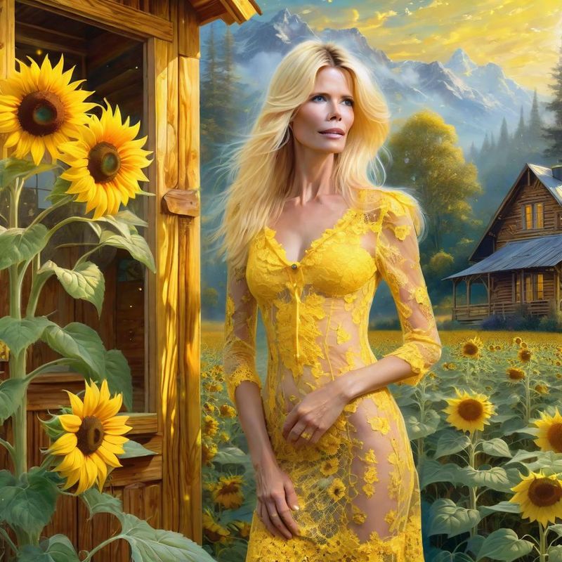 Claudia Schiffer in a Yellow sensual Lace dress in a Sunflower field 2.jpg