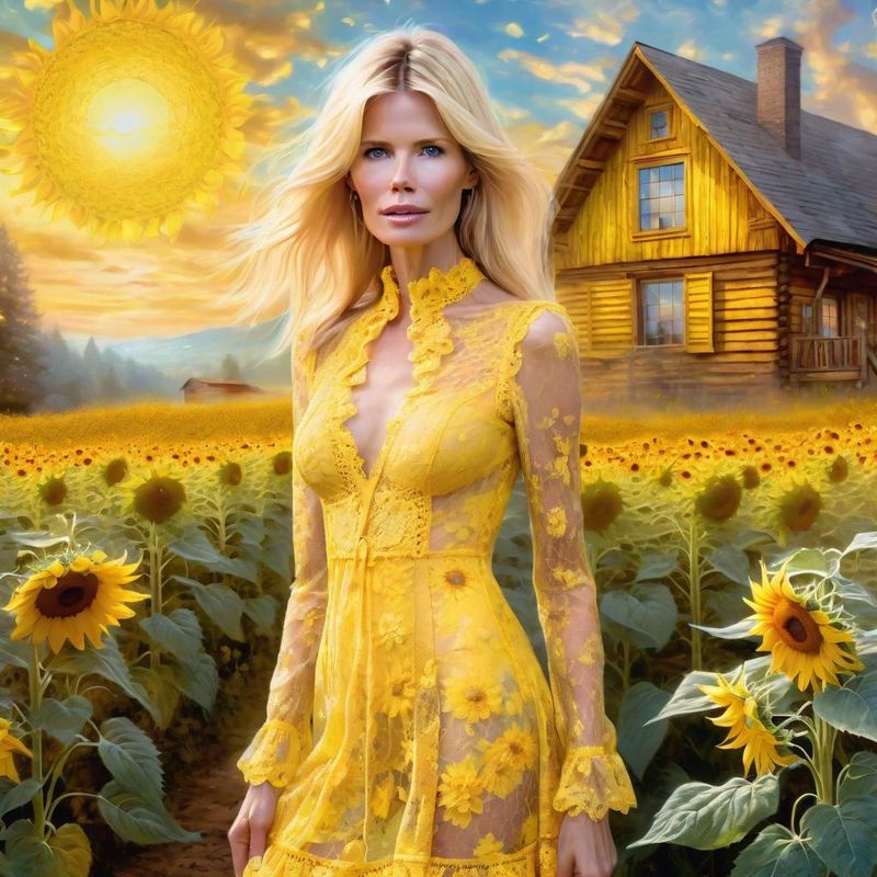 Claudia Schiffer in a Yellow sensual Lace dress in a Sunflower field 1.jpg
