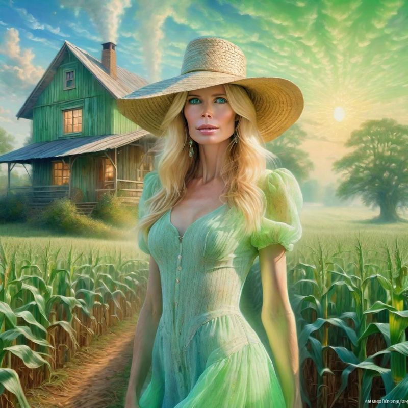 Claudia Schiffer in a light green lace sensual dress in a Corn field 3.jpg