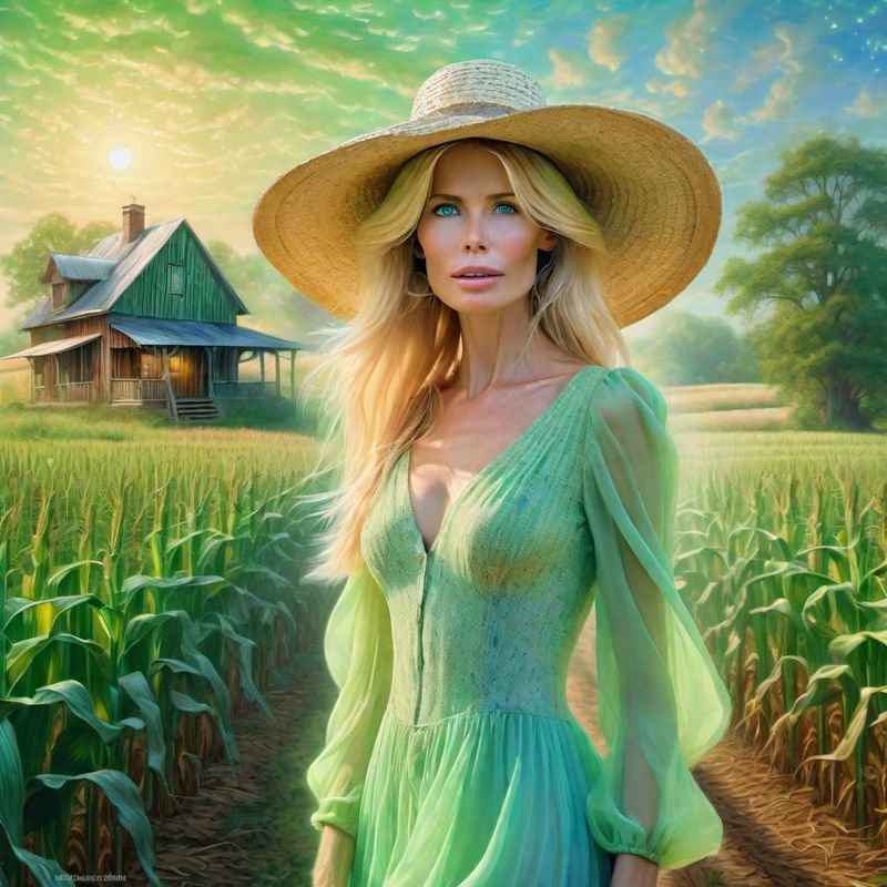 Claudia Schiffer in a light green lace sensual dress in a Corn field 2.jpg