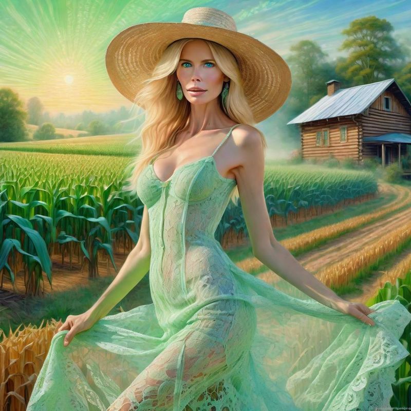 Claudia Schiffer in a light green lace sensual dress in a Corn field 1.jpg