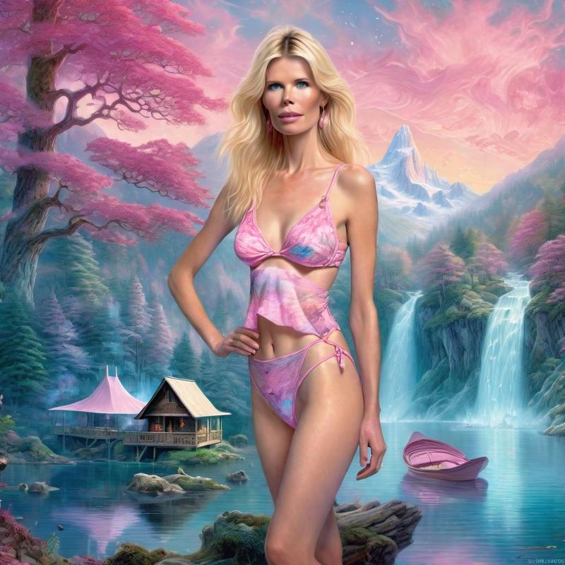 Claudia Schiffer  in a Pink printed Bikini top and a Pink printed Slip on a lake 5.jpg