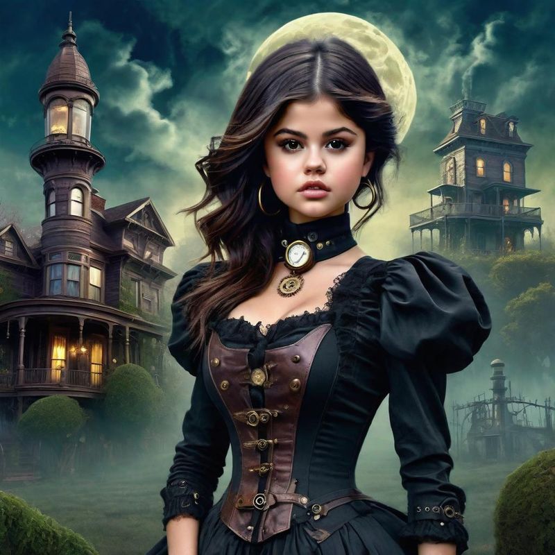 Selena Gomez in Victoriaanse steampunk clothes in a Steampunk mystic World 5.jpg