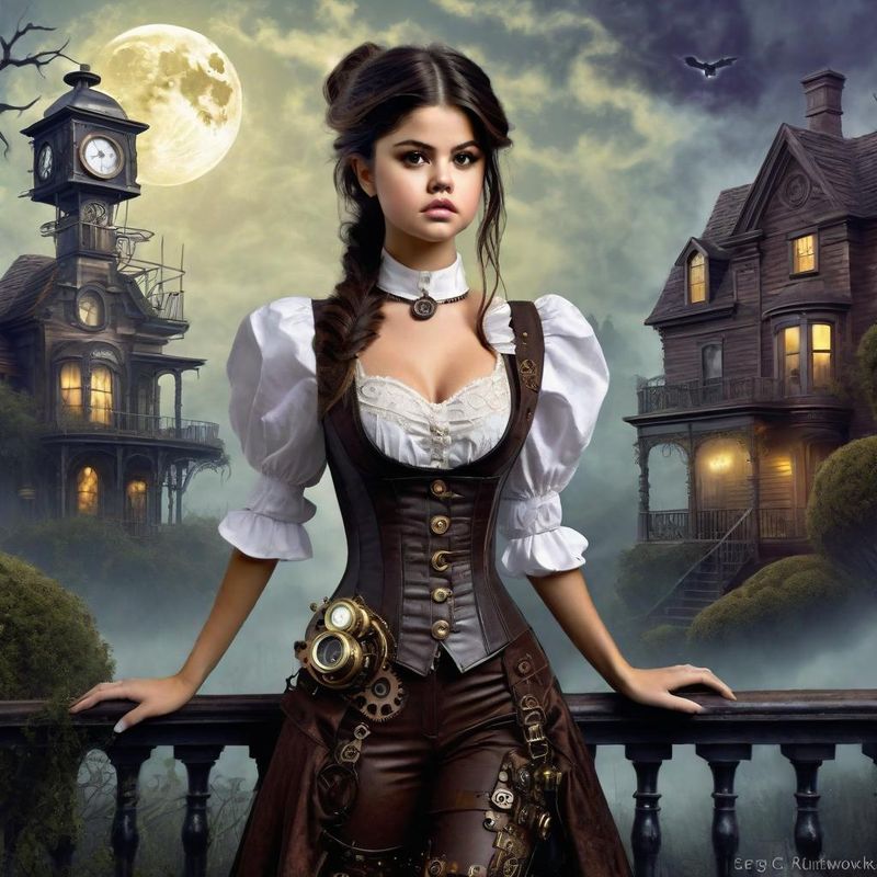 Selena Gomez in Victoriaanse steampunk clothes in a Steampunk mystic World 4.jpg