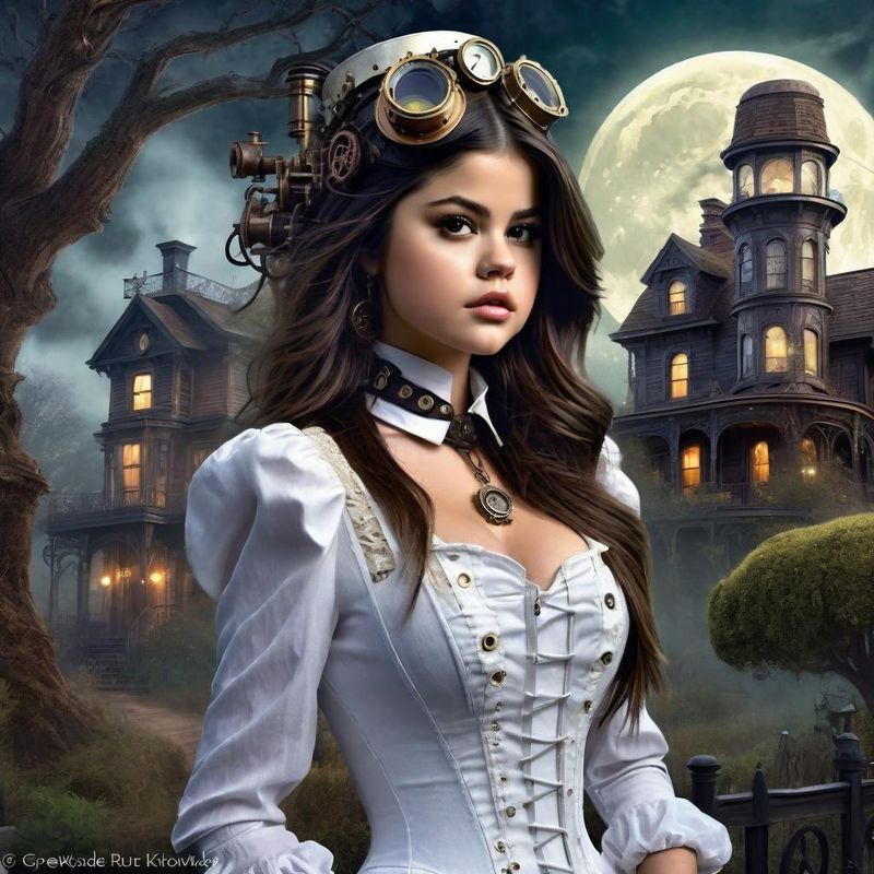 Selena Gomez in Victoriaanse steampunk clothes in a Steampunk mystic World 3.jpg