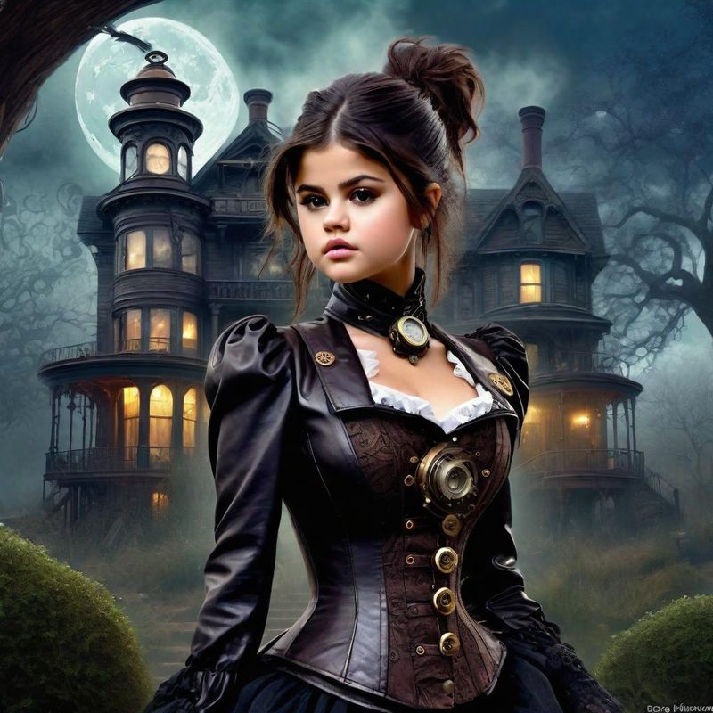 Selena Gomez in Victoriaanse steampunk clothes in a Steampunk mystic World 2.jpg
