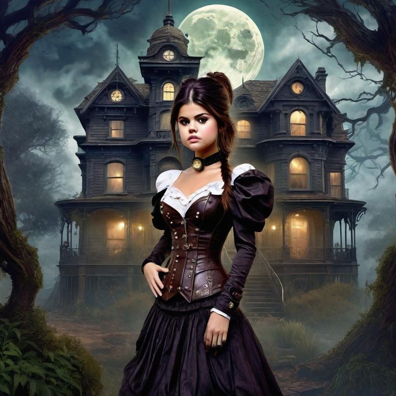 Selena Gomez in Victoriaanse steampunk clothes in a Steampunk mystic World 1.jpg
