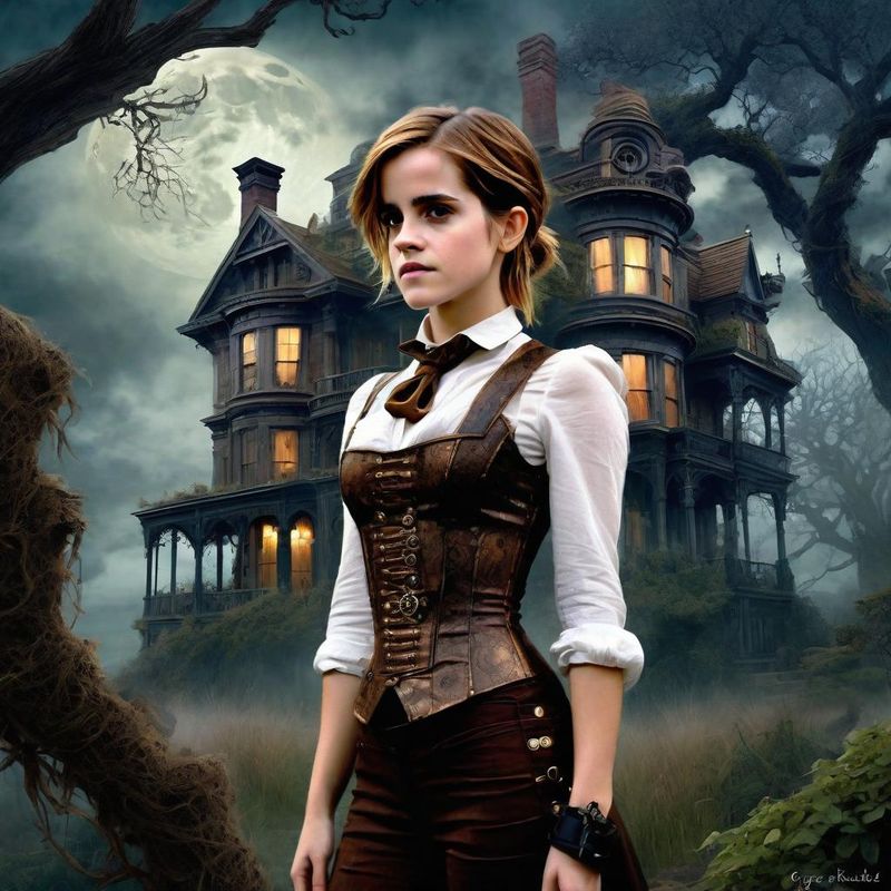 Emma Watson in Victoriaanse steampunk clothes in a Steampunk mystic World 5.jpg