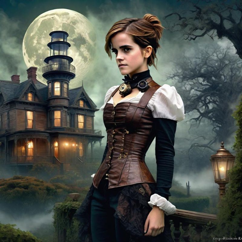 Emma Watson in Victoriaanse steampunk clothes in a Steampunk mystic World 4.jpg