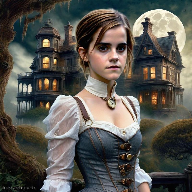 Emma Watson in Victoriaanse steampunk clothes in a Steampunk mystic World 3.jpg