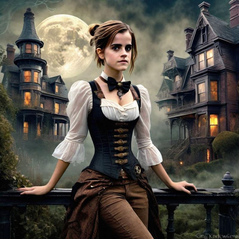 Emma Watson in Victoriaanse steampunk clothes in a Steampunk mystic World 1.jpg