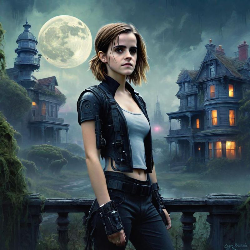Emma Watson in Victoriaanse Cyberpunk clothes in a Cyberpunk mystic World 2.jpg