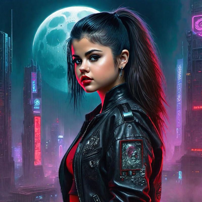 Selena Gomez in Cyberpunk clothes in a Cyberpunk World 1.jpg