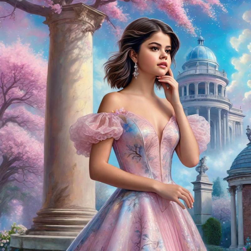 Selena Gomez Standing on a 18 century Palace garden 1.jpg