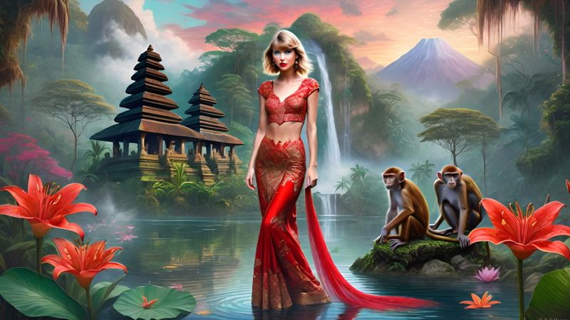 Taylor Swift in the jungle of Bali near a Hindu temple.jpg
