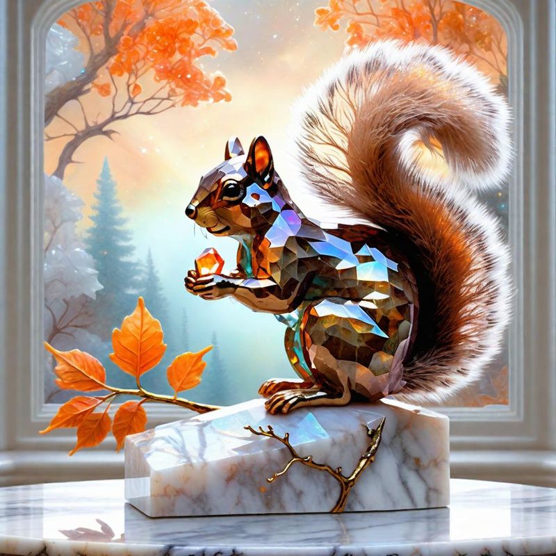 Crystal squirrel on a Branch on a marble table top 1.jpg