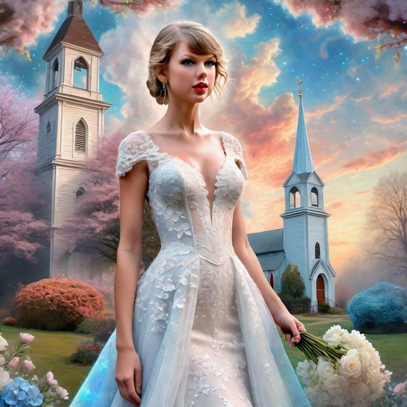 Taylor Swift in a wedding dress in front of an old church 2.jpg