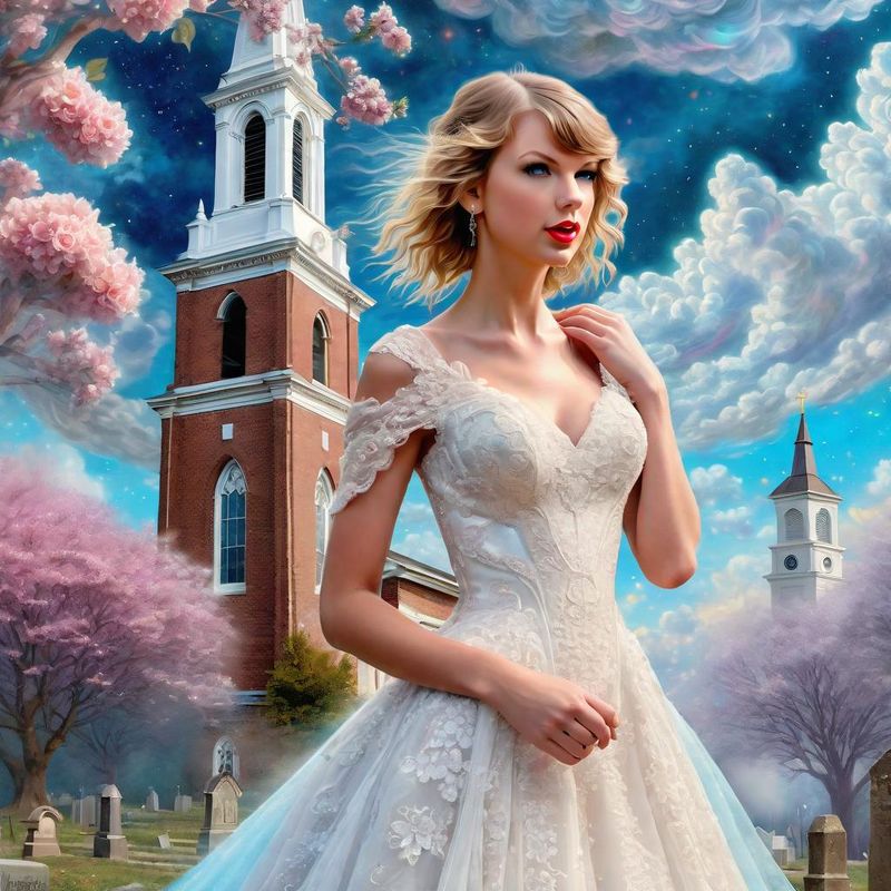 Taylor Swift in a wedding dress in front of an old church 1.jpg