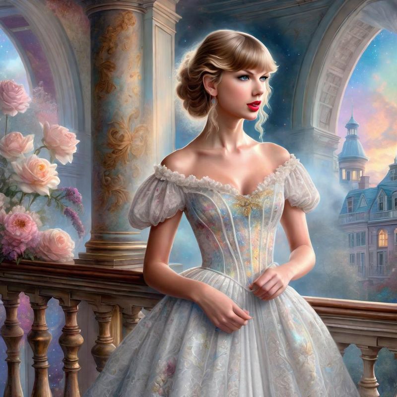 Taylor Swift Standing on a Balcony in a 18 century ballroom dress 6.jpg