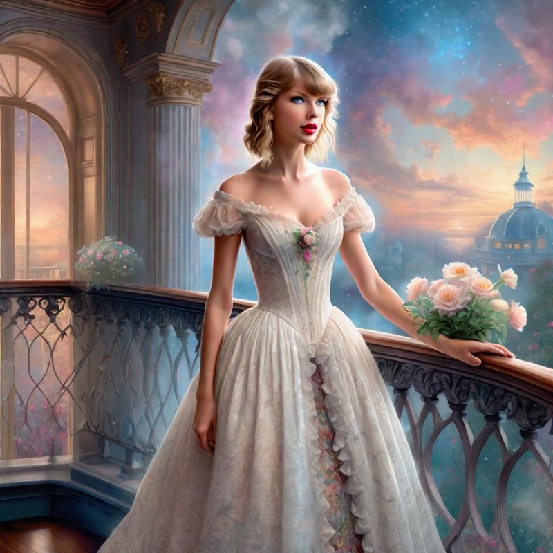 Taylor Swift Standing on a Balcony in a 18 century ballroom dress 5.jpg
